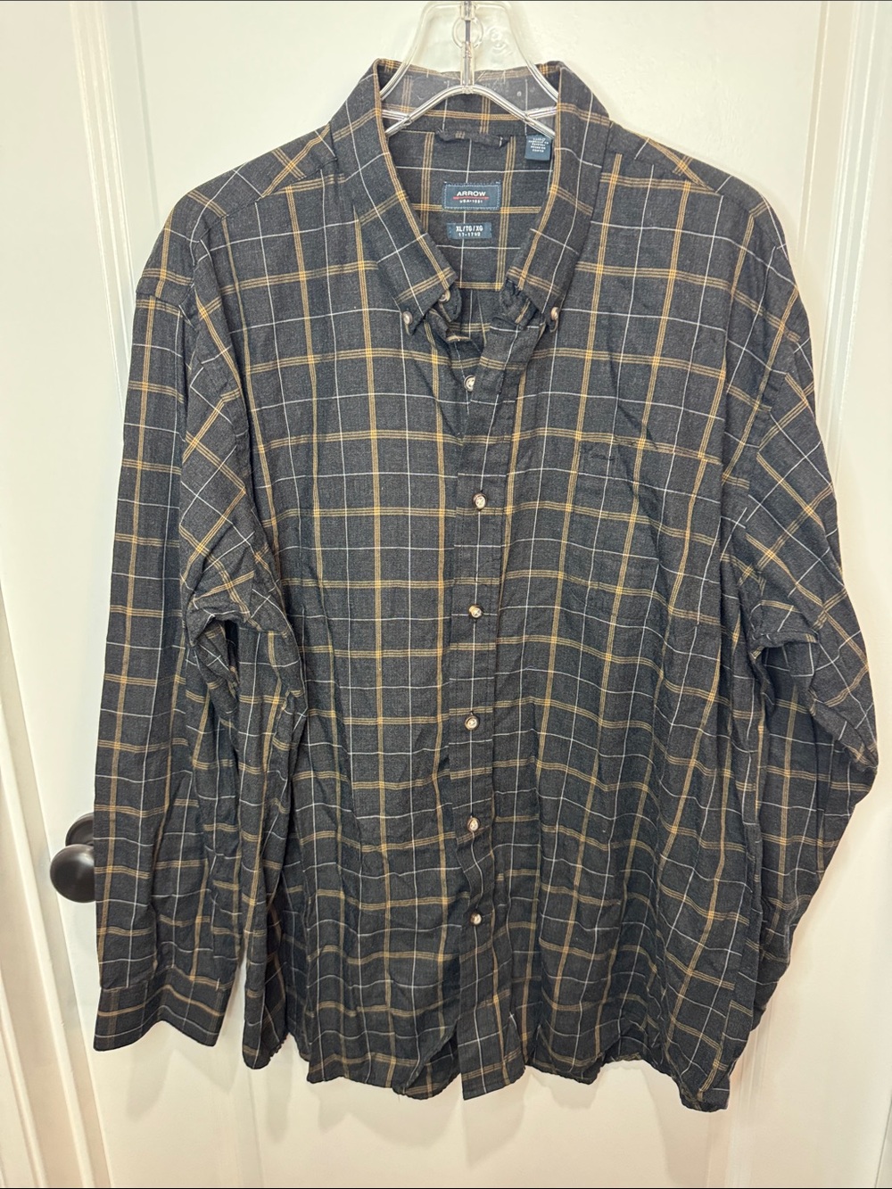 Arrow Men's Black Plaid Button-Down Shirt with Tan Windowpane